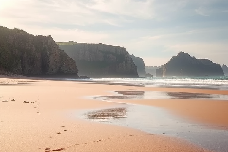 Create a serene beach scene with dramatic cliffs in the background, using a Canon EOS R5 camera, 24mm lens, aperture f/8, shutter speed 1/200s, ISO 100, capturing a landscape view with soft natural lighting.