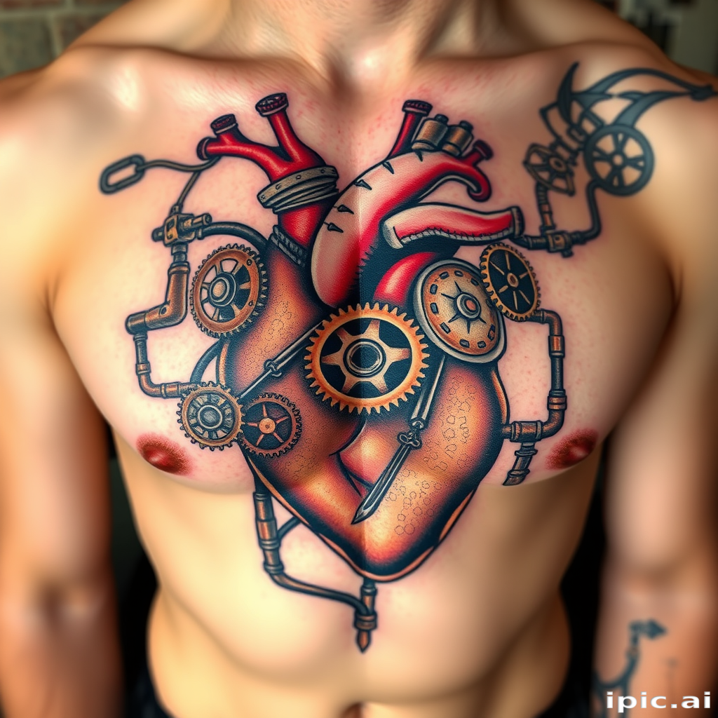 Steampunk-inspired tattoo of a mechanical heart on the chest, with gears, valves, and pipes in various metallic hues and rust effects