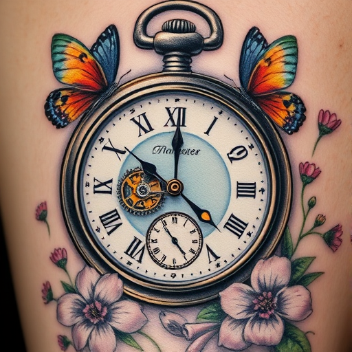 Photorealistic color tattoo called "Time Capsule" depicting a vintage pocket watch with its gears exposed, surrounded by butterflies in mid-flight and delicate flowers, with hyperrealistic details such as light reflections on metal surfaces and subtle color transitions in the flora and fauna