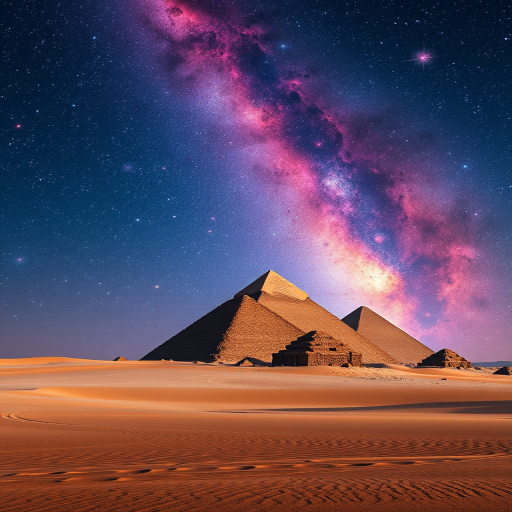 pyramids in a surreal cosmic landscape with swirling galaxies and vibrant nebulae in the background, shot with a Canon EOS R5, 24mm lens, f/8 aperture, ISO 100, HDR style, clear view to enhance detail in the sand and pyramids