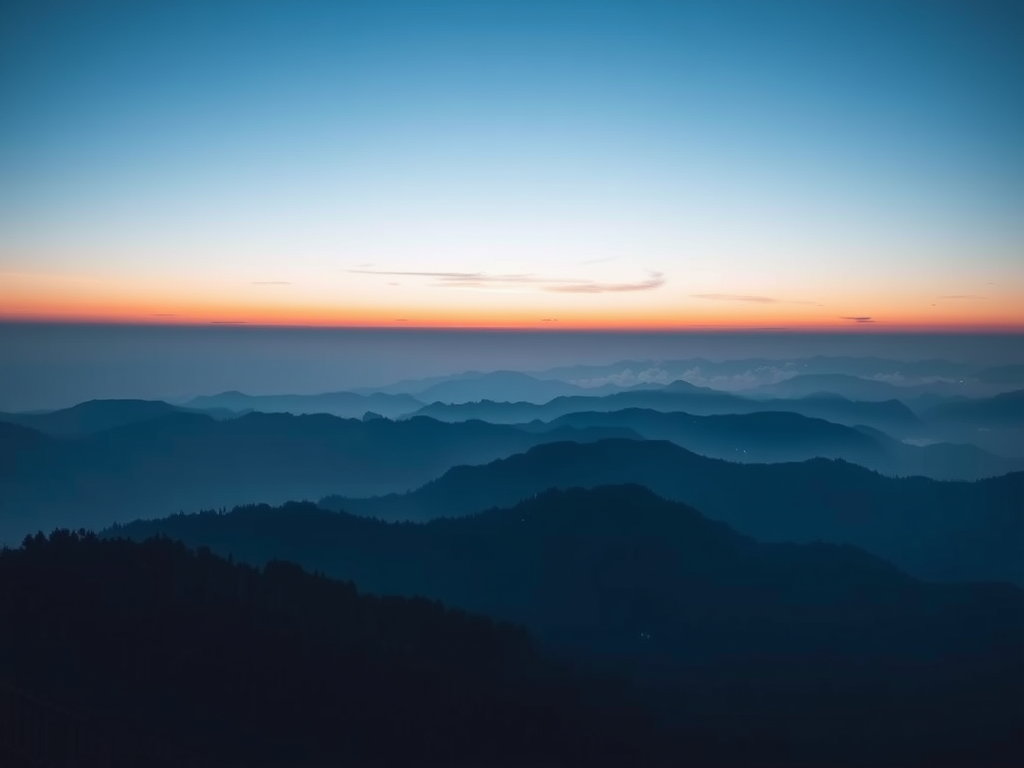 create a serene mountain landscape with layered blue tones, soft fog, and a gradient sky during sunrise, captured with a DSLR camera, 50mm lens, aperture f/8, ISO 100, and a wide-angle view to enhance depth and detail