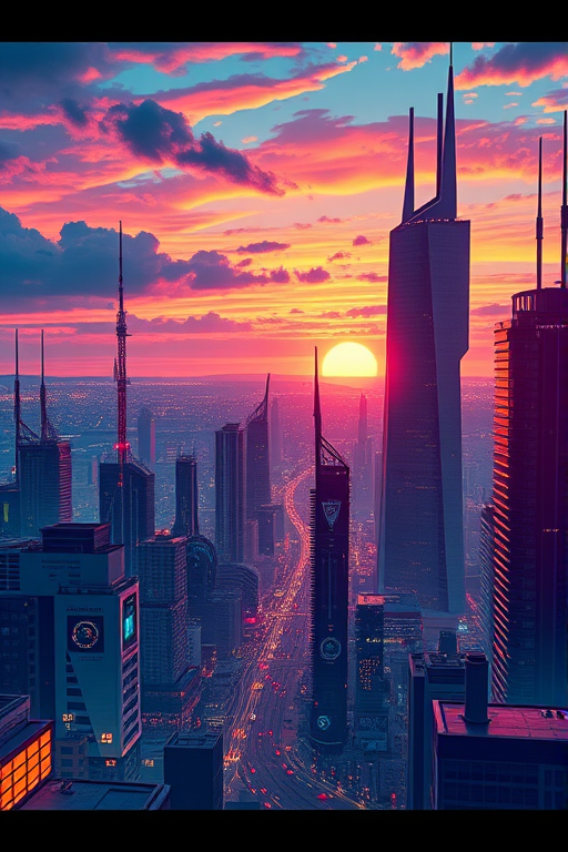 Create a detailed vector illustration of a futuristic cityscape at sunset with vibrant colors and glowing elements, using a DSLR camera with a 24mm lens, aperture set to f/8, ISO 100, shot from a high vantage point with a wide-angle view to capture the skyline and horizon.