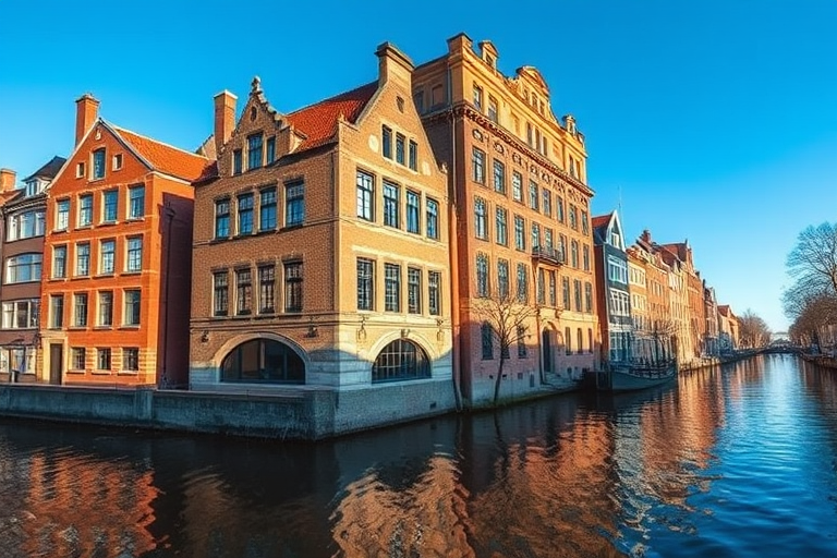 photograph of historic brick buildings along a canal with clear blue sky and water reflections, shot with a Canon EOS 5D Mark IV, aperture f/8, shutter speed 1/250 sec, ISO 100, wide-angle view from water level, using natural light for enhanced clarity and detail