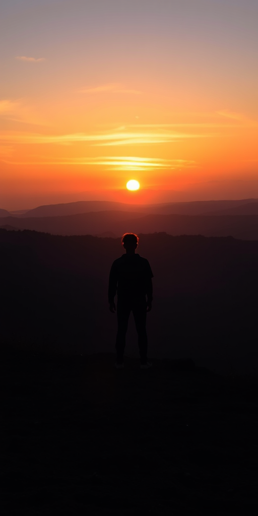 Generate a high-resolution image of a silhouette of a person standing on a hilltop during sunset, camera settings: ISO 100, aperture f/8, shutter speed 1/200s, camera view: wide-angle, camera style: vivid colors, camera type: DSLR.
