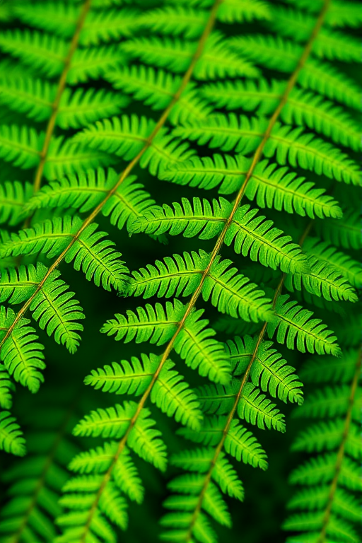 regenerate the image of green fern leaves with a focus on vibrant colors and fine details, using a macro lens at f/2.8 aperture, shutter speed 1/200s, ISO 100, natural light, and a close-up view to capture texture and depth while maintaining a shallow depth of field