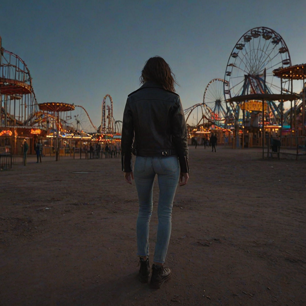 Deserted amusement park at dusk, rusted rides standing silent, a woman in a leather jacket explores cautiously, her footsteps echoing softly in the still air.