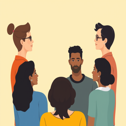 Create a vector-style illustration of a diverse group of five people in a circle, with flat colors and soft shadows, captured using a digital camera with a 50mm lens, f/2.8 aperture, vibrant color profile, and a shallow depth of field to enhance subject clarity and background blur.