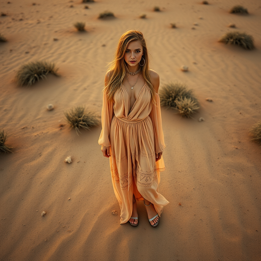 Desert setting, bohemian model, flowy dresses, earthy tones, rustic sunset effect,  equipped with a 12mm lens to capture an overhead view of the model, emphasizing symmetry and spatial positioning