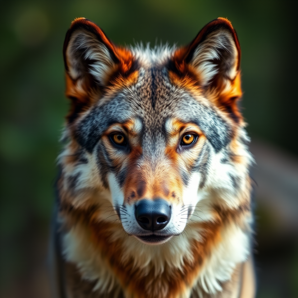 A close-up shot of a wolf looking directly at the camera, with a shallow depth of field to blur the background, using a Canon EOS R5 camera with a 85mm f/1.4 lens, aperture set to f/2.8, ISO 200, shutter speed 1/100s, natural lighting, high-resolution.