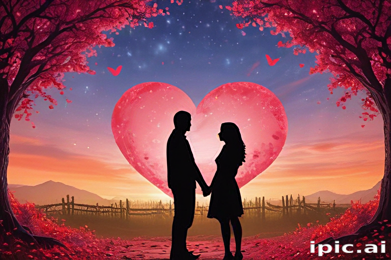 Romantic Silhouette of a Couple Holding Hands Under a Heart-Shaped Sunset