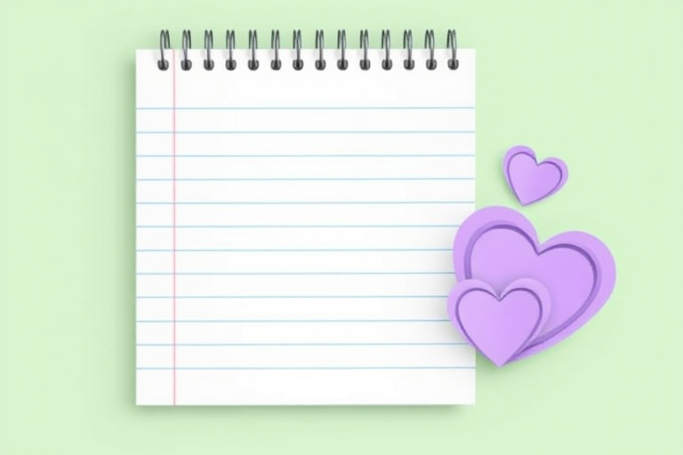 Create a digital illustration of a blank notepad with a light green background, featuring a white rectangular area with blue lines for writing, and three layered hearts in shades of purple on the right side; use a DSLR camera with a 50mm lens, aperture set to f/2.8, shutter speed of 1/100 second, and ISO 200 for enhanced clarity and depth.