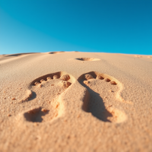 Create an image of two footprints in sand with a clear blue sky in the background, shot with a Canon EOS R5 at f/8, 1/250 sec, ISO 100, using a wide-angle lens from a low angle perspective to emphasize depth and enhance detail.