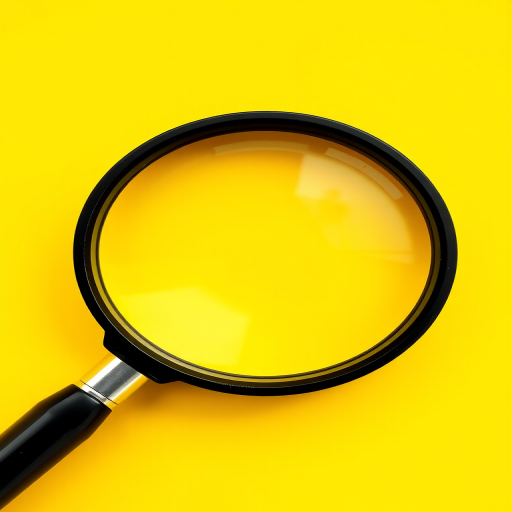 create an illustration of a magnifying glass on a bright yellow background with high contrast, use a 50mm lens at f/2.8 for shallow depth of field, shot from a top-down perspective, using a DSLR camera for optimal clarity and detail