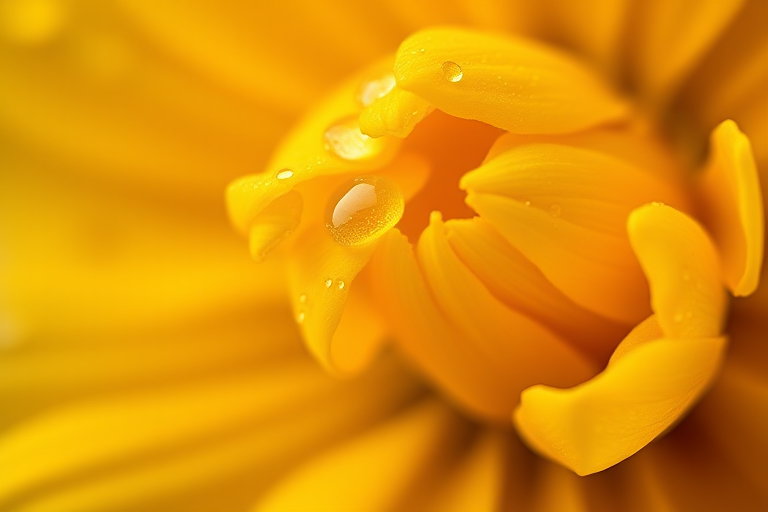 Regenerate a close-up image of a yellow flower with petal details, capturing droplets on the petals, using a Canon EF 100mm f/2.8L Macro IS USM lens, aperture f/2.8, shutter speed 1/125, ISO 200, natural light, shallow depth of field.