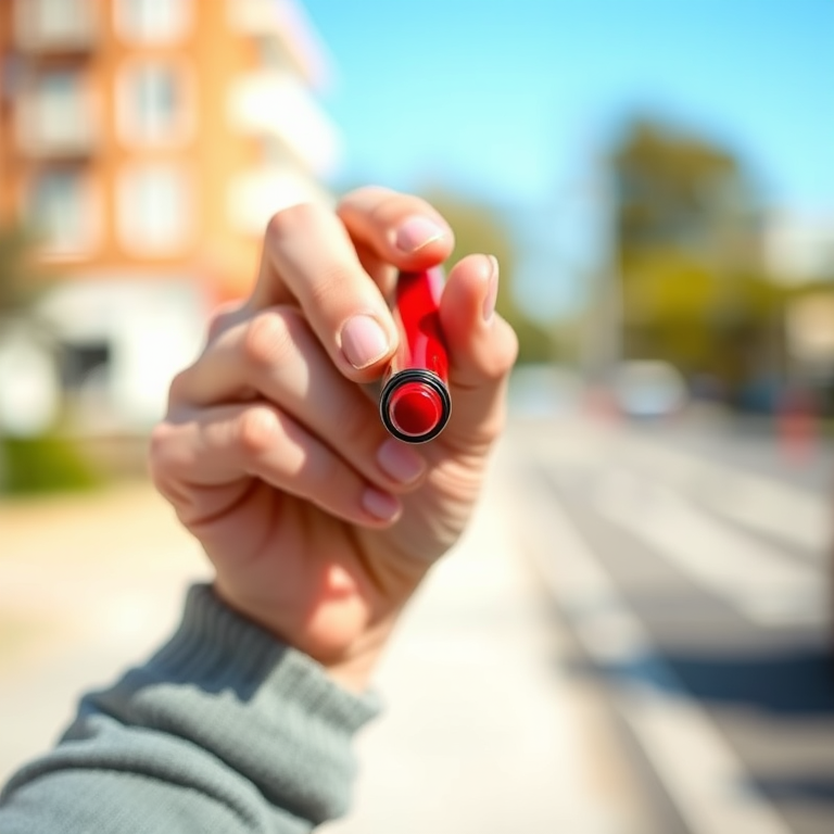 Regenerate the image of a hand holding a red marker with a shallow depth of field, using a 50mm lens at f/1.8, 1/200s shutter speed, ISO 200, in natural daylight, and a slight overexposure for brightness and clarity.