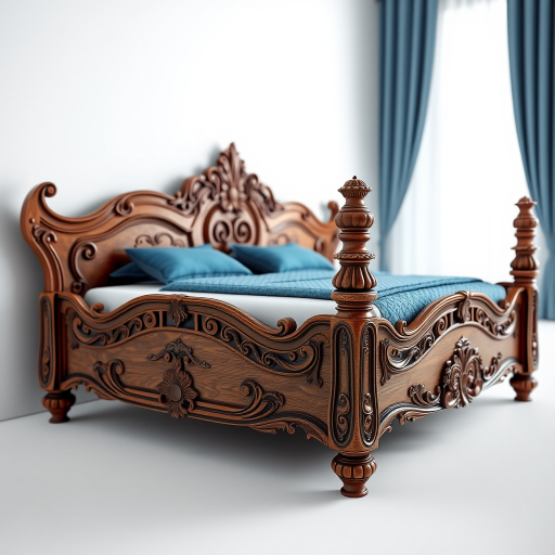Create a detailed 3D rendering of an ornate wooden bed with intricate carvings, featuring a plush mattress and decorative bedding in a rich blue color, captured with a DSLR camera at f/1.8 aperture, ISO 100, 35mm lens, in a soft diffused light to enhance textures and shadows.