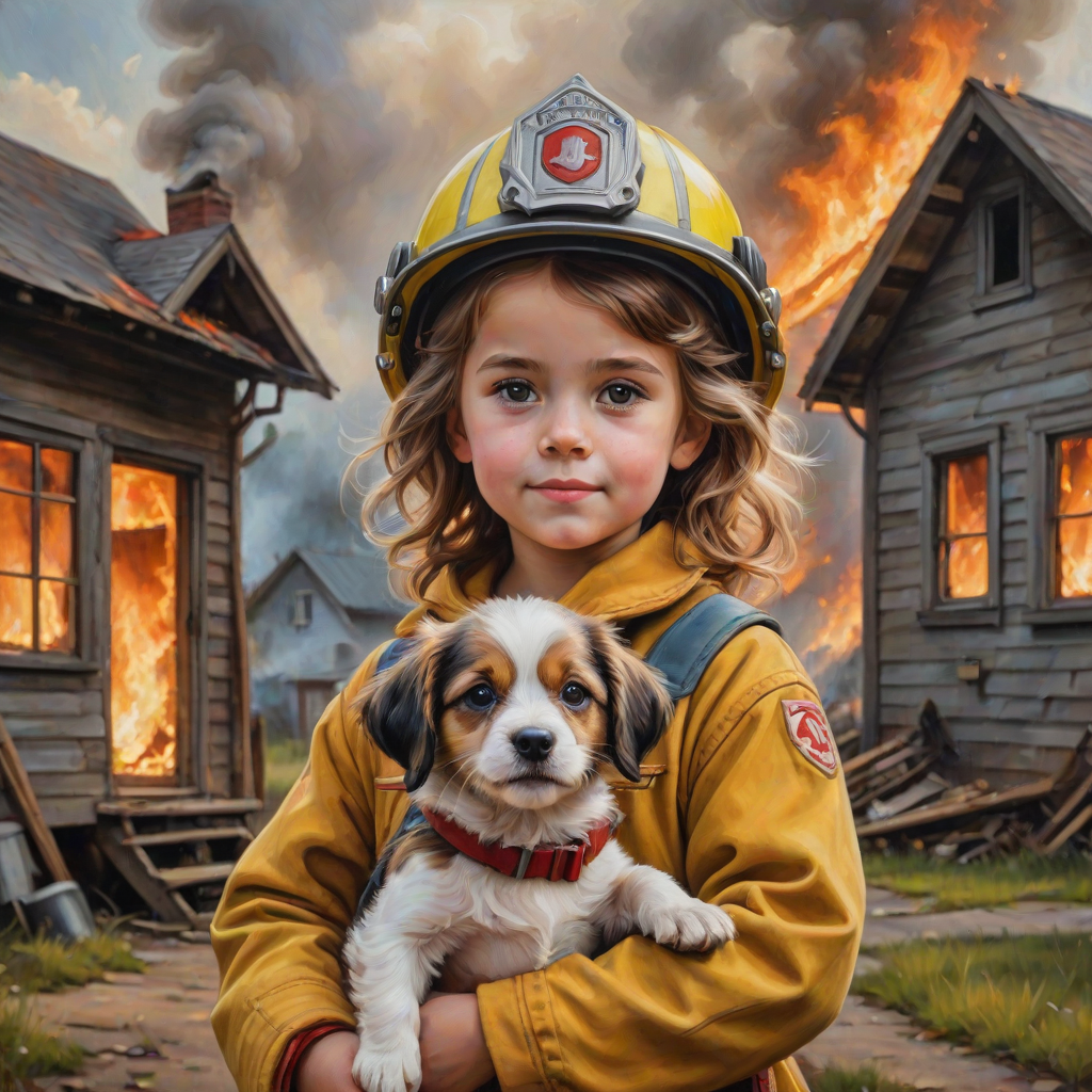 airbrushed oil painting, pixar style, cute little girl in fireman gear, helmet, tousled hair, expressive eyes, standing in the doorstep of a cottage burning behind him, holding a cute little dog in her arm, atumn sky