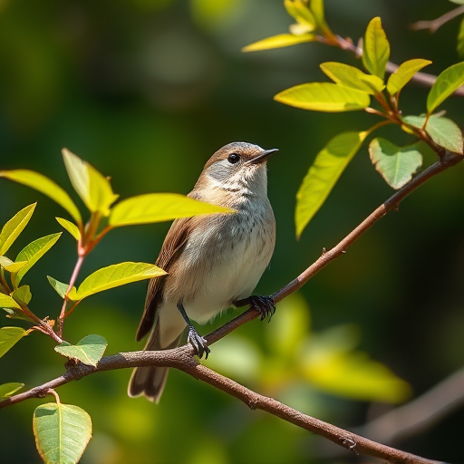 capture a close-up of a bird perched on a branch with bright green leaves and a blurred background, using a DSLR camera with a 200mm lens at f/4, ISO 200, shutter speed 1/500s, in natural light to enhance colors and detail