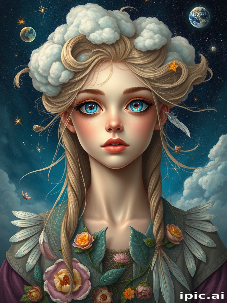 Create a series of imaginative portraits where each subject is infused with elements of fantasy and nature. The hair of the individuals should flow like clouds, varying from soft, fluffy cumulus to wispy cirrus strands, with hints of color reflecting a sunset or a clear blue sky. The eyes should be windows to entire galaxies, with stars, nebulae, and distant planets visible within them. Clothing should be adorned with nature motifs, such as floral patterns that bloom and change, vines that seem to grow and wrap around, or feathers that shimmer with iridescence. Each portrait should capture a unique personality, blending human features with the ethereal beauty of the natural and cosmic world. The backgrounds can vary, from starry night skies to enchanted forests, adding depth and context to the magical realism of the portraits