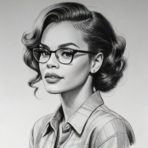 Radiant Leslie Grace, pencil sketch, portrait of Attractive woman 1947s in glasses, hair style beatnik, outline, clear lines, fine lines, 8k