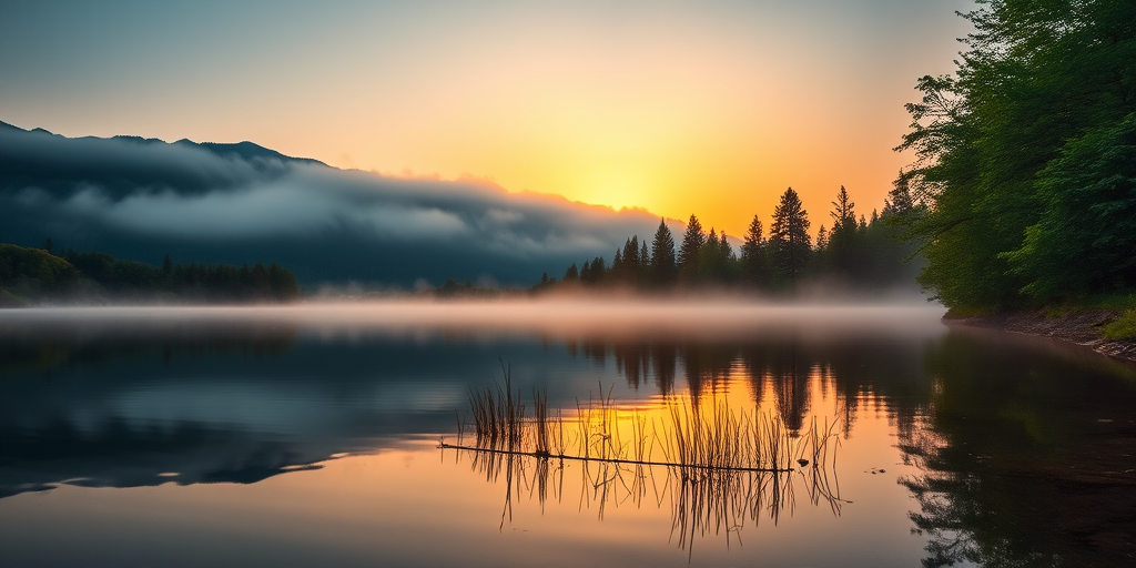 A high-resolution image of a serene lake at sunrise with mist hovering above the water, surrounded by lush green trees and mountains in the background, captured with a Canon EOS R5, 50mm f/1.2 lens, aperture set to f/8, ISO 100, 1/200 second shutter speed, taken from a low angle perspective to emphasize the reflections in the water and the vibrant colors of the sunrise.