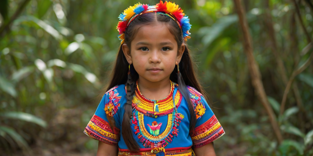A beautiful Maya girl, wearing colorful bird clothing with vibrant colors