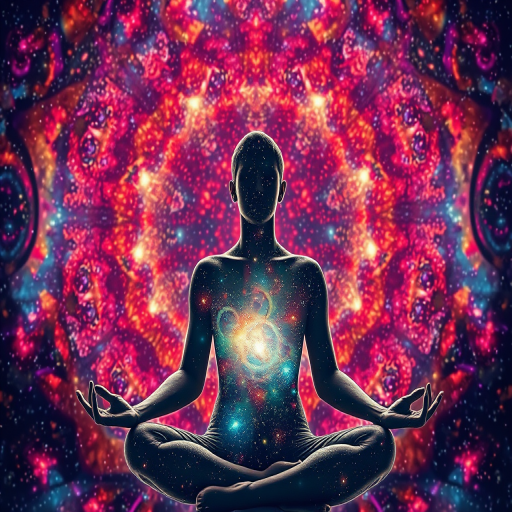 Create an ethereal image of a person in a meditation pose, filled with a vibrant galaxy pattern, using a DSLR camera with a 50mm lens, aperture set to f/1.8, ISO 200, shutter speed 1/100s, in a soft-focus style with a bright, colorful backdrop.