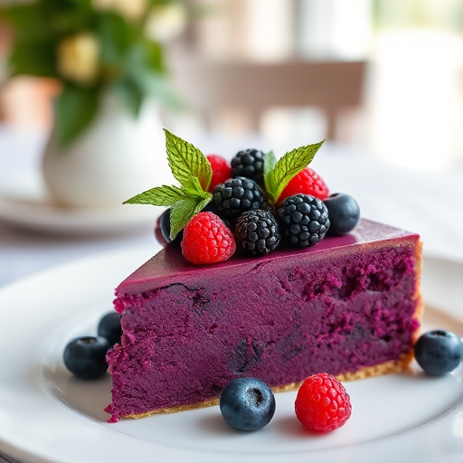 A slice of rich purple cake topped with blackberries raspberries and blueberries garnished with mint leaves on a white plate with a soft blurred background featuring a cozy dining setting.