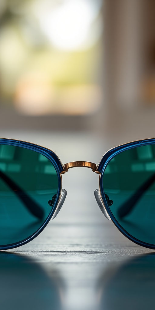 Create a high-resolution image of a pair of vintage blue sunglasses with detailed reflections, captured with a DSLR camera at f/2.8 aperture, 50mm lens, ISO 100, in soft natural lighting, from a frontal view.
