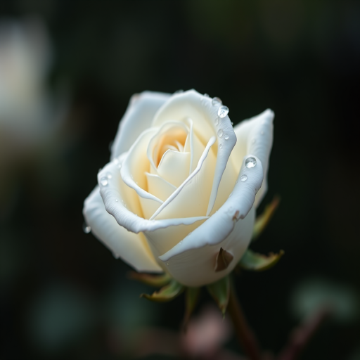 close-up photograph of a white rose with dew drops, shallow depth of field, f/2.8 aperture, 100mm macro lens, natural light, soft focus background, high-resolution image