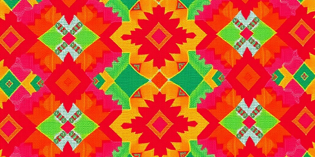 create a vibrant textile pattern with diamond shapes in shades of red, orange, yellow, pink, and green, captured with a 50mm lens at f/2.8, ISO 100, in natural light, using a DSLR camera for enhanced clarity and detail
