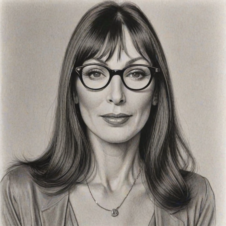 Exquisite Anjelica Huston, pencil sketch, portrait of Gorgeous woman 1947s in glasses, hair style beatnik, outline, clear lines, fine lines, 8k