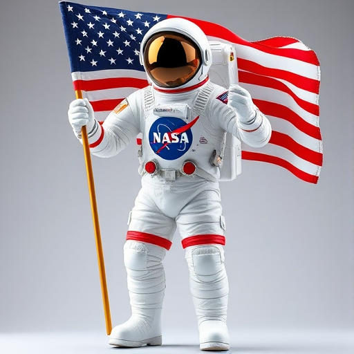 St4tue, full body, figurine of an Nasa astronaut, high resolution, he is wearing a Nasa space suit, he is holding an american flag, He is wearing the helmet, the image is very detailed