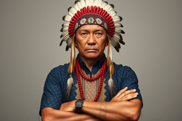 Create a dignified portrait of a Native American man dressed in traditional attire. He wears a beautifully crafted headdress adorned with white feathers and red beads, along with a beaded headband featuring intricate patterns. His clothing includes a deep blue, patterned shirt and a traditional chest piece with detailed beadwork. His arms are crossed, displaying leather armbands decorated with feathers. The background is simple and neutral, emphasizing his proud and stoic expression. The overall image captures the rich cultural heritage and strength of his persona.