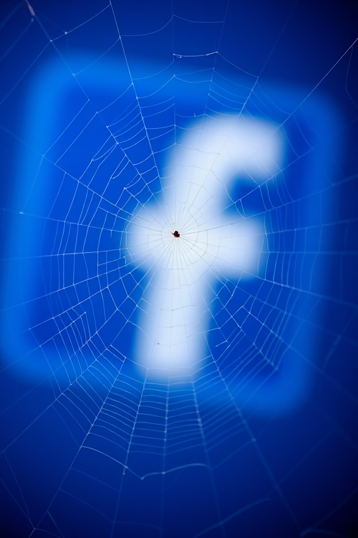 High-resolution macro shot of a spider web overlaying a softly blurred blue background with the Facebook logo, aperture f/2.8, shutter speed 1/200 sec, ISO 100, taken with a DSLR camera using a 100mm macro lens for enhanced detail.