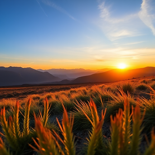 Generate a high-resolution image of a serene landscape with mountains in the background during sunset, using a DSLR camera with a 50mm lens, aperture set to f/8, shutter speed at 1/200s, and ISO 100, captured from a low angle to emphasize the foreground.
