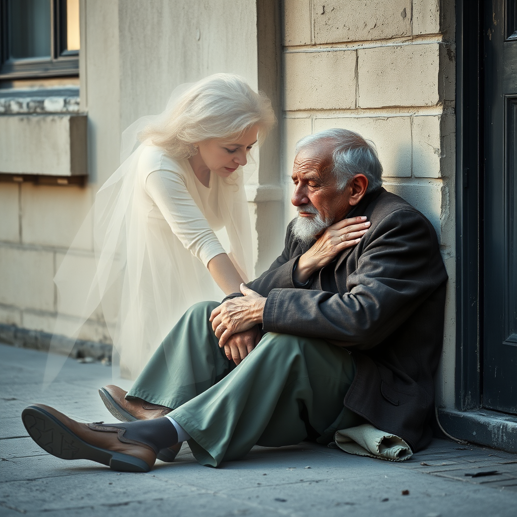 beautifully weathered old homeless veteran sitting on the ground slumping against the wall of a building with his eyes closed. there is an Ethereal, translucent figure of a beautiful elderly woman comforting him