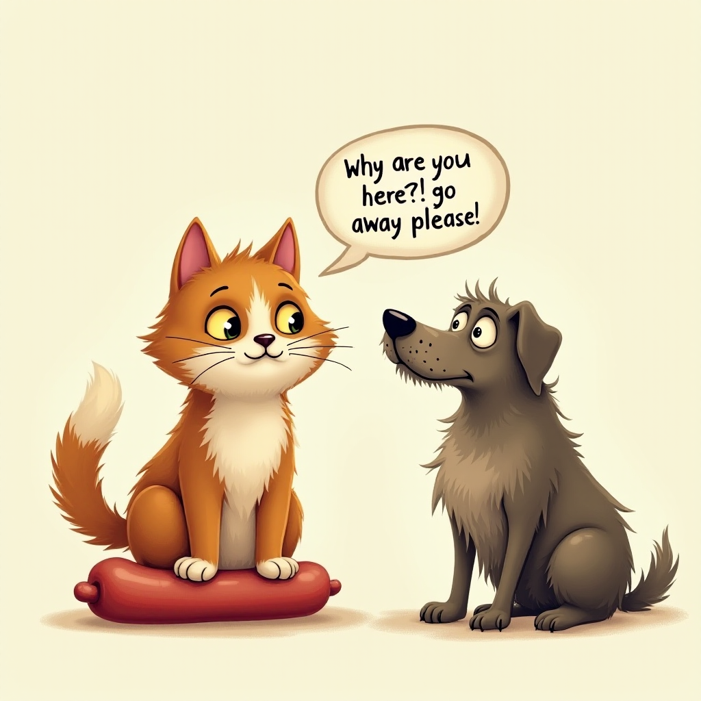 caricature of a silly whimsical fluffy cat with a mean look she has one foot on a sausage and is looking at an old scraggly big dog the cat has a thought bubble above her head that says “why are you here? go away please"