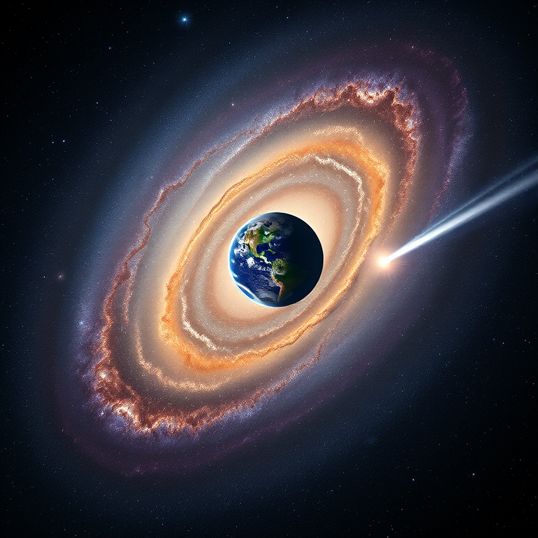 Create a high-resolution image of a distant galaxy with a visible earth-like planet, including a bright comet with a luminous tail, using a 35mm lens, f/8 aperture, ISO 100, and a low-angle shot to enhance depth and detail.