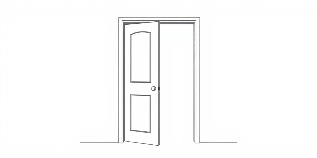Create a minimalistic illustration of an open door with a white background, using a DSLR camera with an aperture of f/4, ISO 100, and a focal length of 50mm, capturing the image in a straight-on view for a clear and crisp look.
