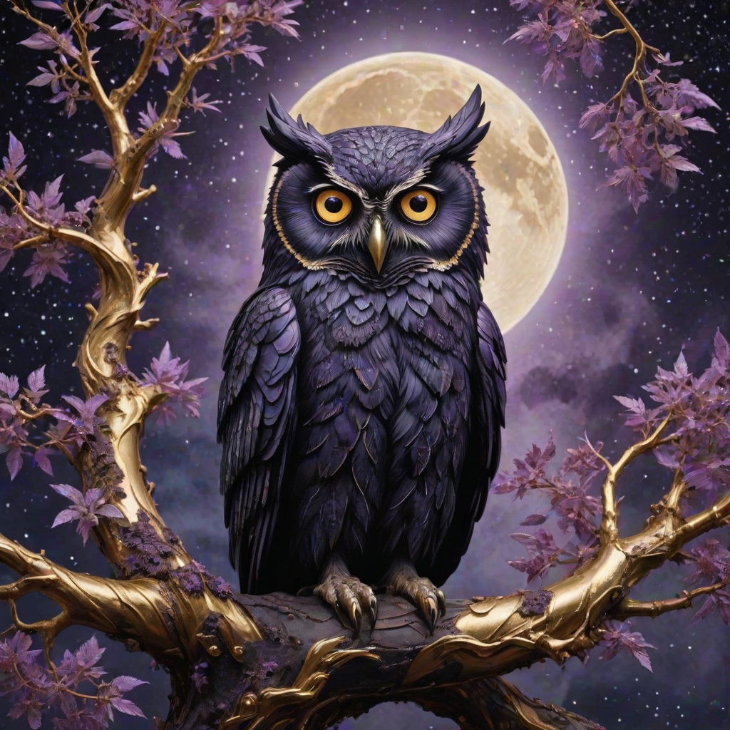 obsidian stone owl on a lush ral-frctlgmtry tree, very detailed eyes, full moon and stars in the sky, purple hues, dreamlike, glowing edges, mystical, high contrast, ethereal light, gold leaf