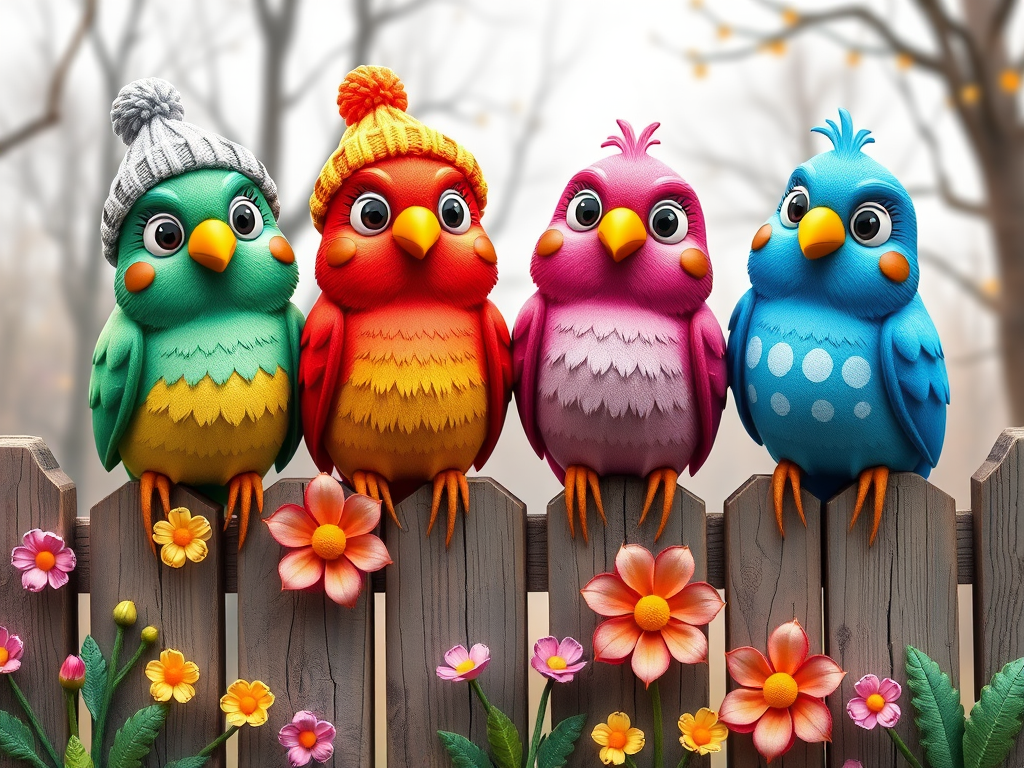 create a scene of 4 quirky  whimsical colourful comical birds each with a funny expression. they are sat on a wooden fence with colourful flowers. they are all different sizes. each one is a different colour  one is wearing a woolly hat. Each one has a different quirky google expression and there is a muted background of trees watercolour paintierly style high definition 8k resolution 3D paper mache