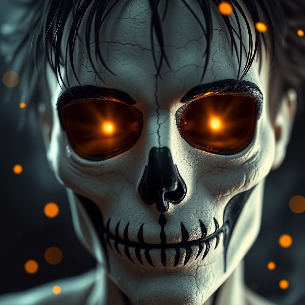 Create image featuring a close-up of a face painted like a skull. The skin is predominantly white with textured, cracked paint. The eye sockets are painted black, blending into the natural shadows of the eyes, creating a deep, hollow look. Bright, intense golden-yellow lights radiate from the eyes, casting a warm glow that contrasts with the cold, esoteric background. The nose is painted black in the shape of a spade. The mouth area features black lines extending from the corners, resembling a stitched effect. The face has sporadic black hair strands that frame it dramatically, adding to the eerie yet captivating feel. The background is blurred and dark, enhancing the focus on the face. Small, glowing orange embers are scattered sporadically across the image, contributing to the mysterious and magical atmosphere. The overall style is hyper-realistic with an emphasis on the contrast between light and dark elements, giving it an almost supernatural