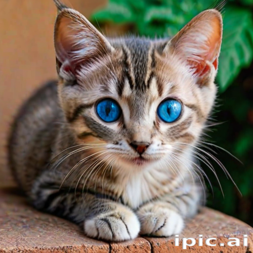 Adorable Tabby Kitten with Striking Blue Eyes Relaxing on a Wooden Surface