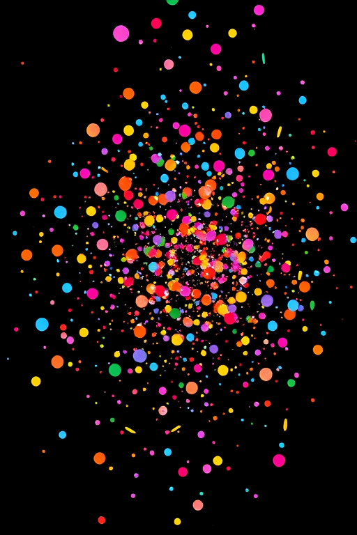 Create a vibrant confetti explosion on a black background, featuring colorful circles and spirals, shot with a DSLR camera, 50mm lens, f/2.8 aperture, ISO 100, 1/200 sec shutter speed, in high-resolution RAW format.