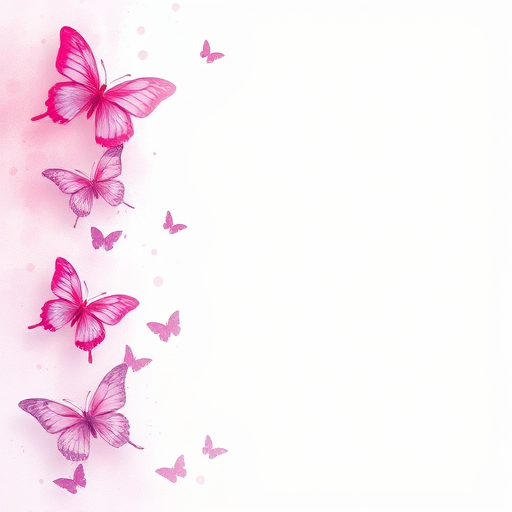 Regenerate an image of a watercolor design featuring a variety of butterflies in shades of pink and purple. The butterflies should be arranged along one side of the image, creating a soft and delicate border effect. The background should be light and airy, enhancing the ethereal quality of the butterflies. Include subtle splashes of color to add depth and interest.