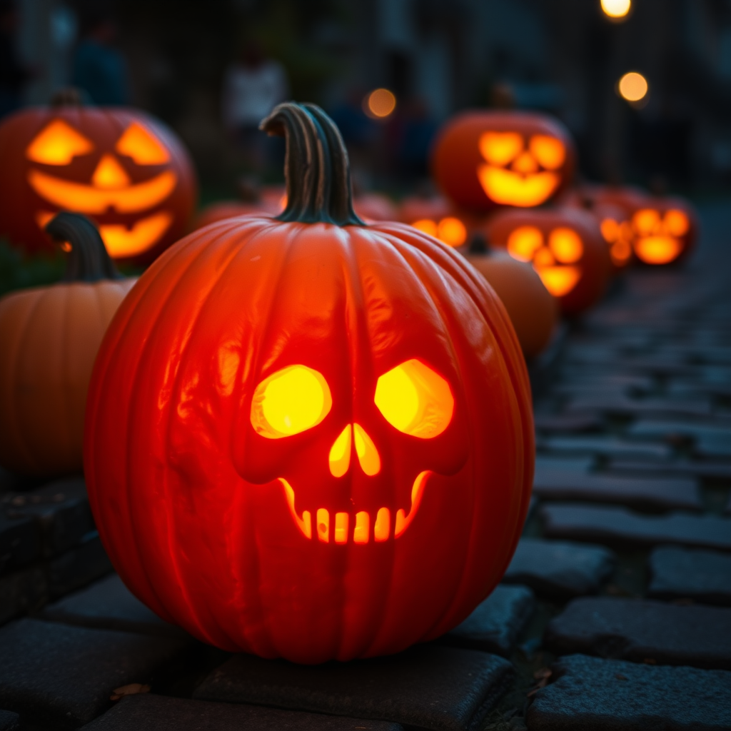 A glowing carved pumpkin with a skull design in the foreground, surrounded by other jack-o'-lanterns on a cobblestone path, soft evening light, aperture f/2.8, shutter speed 1/60 sec, ISO 200, 50mm lens, shallow depth of field, DSLR camera, warm color tones.