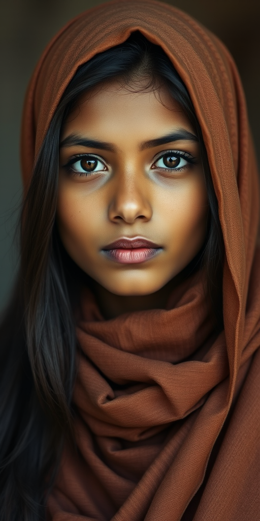 Create a portrait of a young Bangladeshi woman with long, dark hair and captivating hazel eyes. She is wearing a brown headscarf and a matching scarf draped gracefully around her neck. The background is softly blurred, focusing attention on her serene and natural expression. The overall color palette is muted and warm, enhancing the intimate and authentic feel of the portrait.