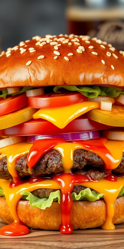 High-resolution, close-up image of a gourmet double cheeseburger. The burger features a glossy, sesame-seed-topped brioche bun. Inside, there are two thick, juicy beef patties, each topped with melted cheddar cheese. The burger is garnished with fresh lettuce, tomato slices, diced onions, and pickles. A generous amount of ketchup and a creamy, orange-colored sauce is dripping down the sides, adding to the mouth-watering appeal. In the background, there are blurred elements including a side of golden French fries and a hint of a beverage, enhancing the overall presentation of a delicious meal.