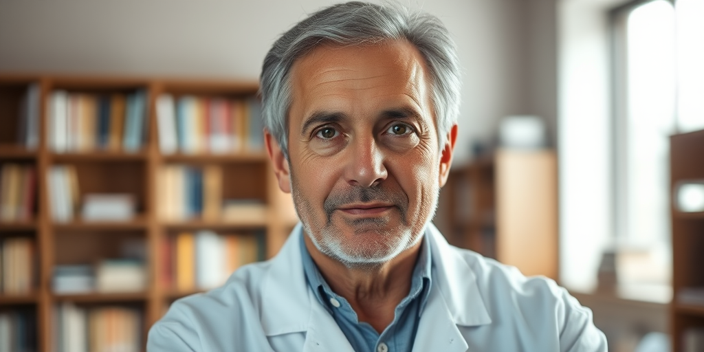 regenerate the image of a mature man with graying hair in a white lab coat, soft natural lighting, shallow depth of field, shot with a Canon EOS R5, 85mm lens, f/1.8, ISO 100, 1/200s, interior setting with bookshelves in the background